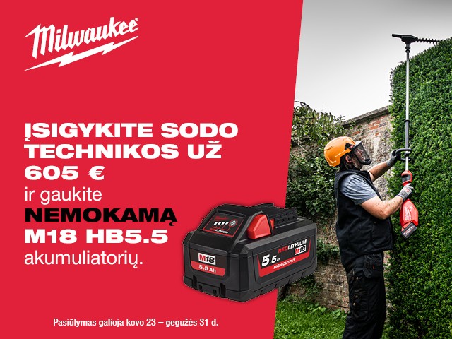 Įsigykite Milwaukee sodo technikos ir gaukite nemokamą akumuliatorių